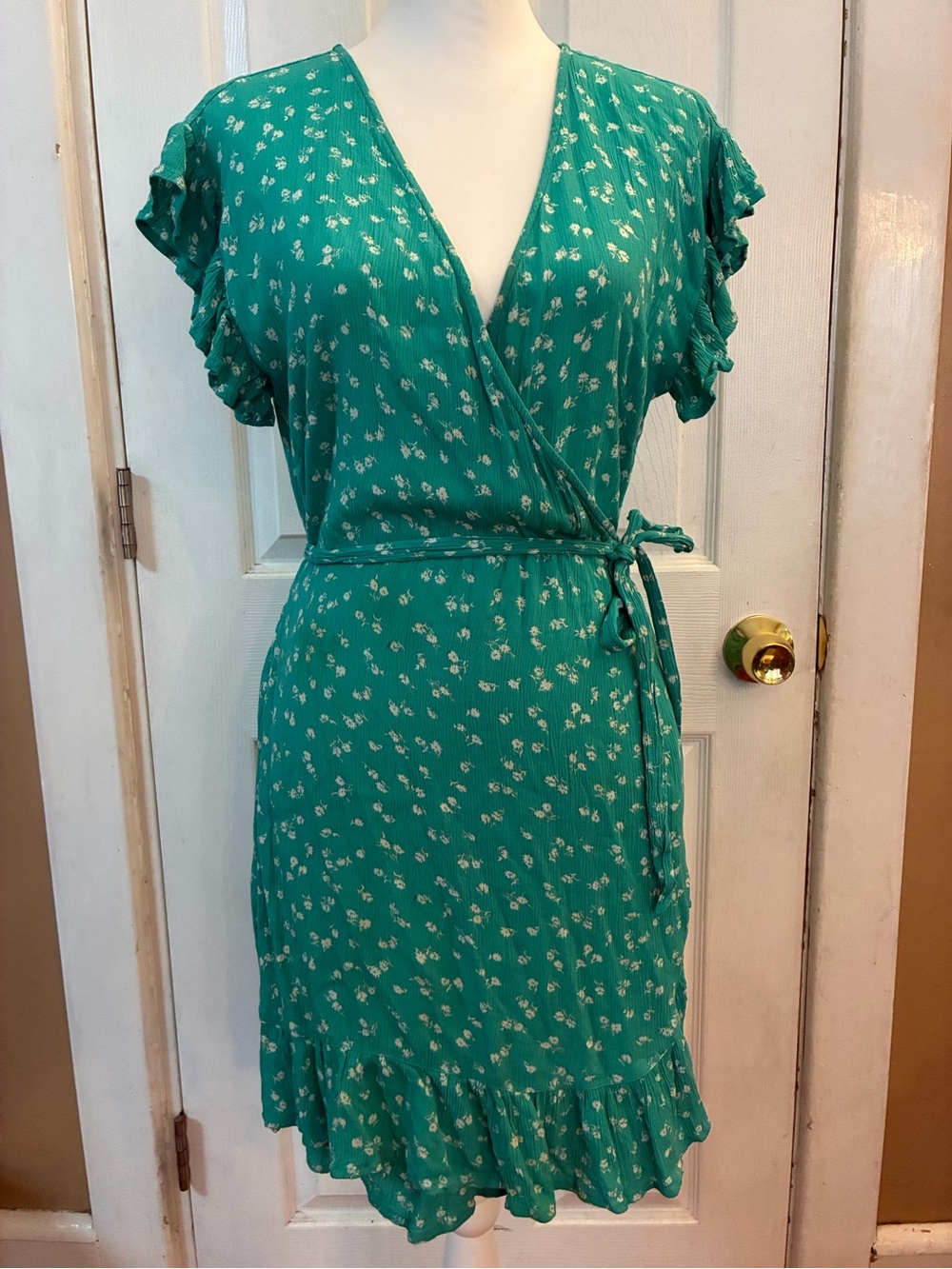 Billabong Wrap and Roll Floral Ruffle Wrap Mini Dress Teal Size L Beach Boho